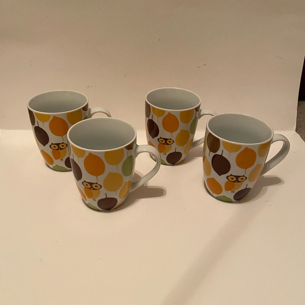 RACHAEL RAY LITTLE HOOT COFFEE MUG OWL BROWN ORANGE GREEN LEAVES 4.25" LOT OF 4